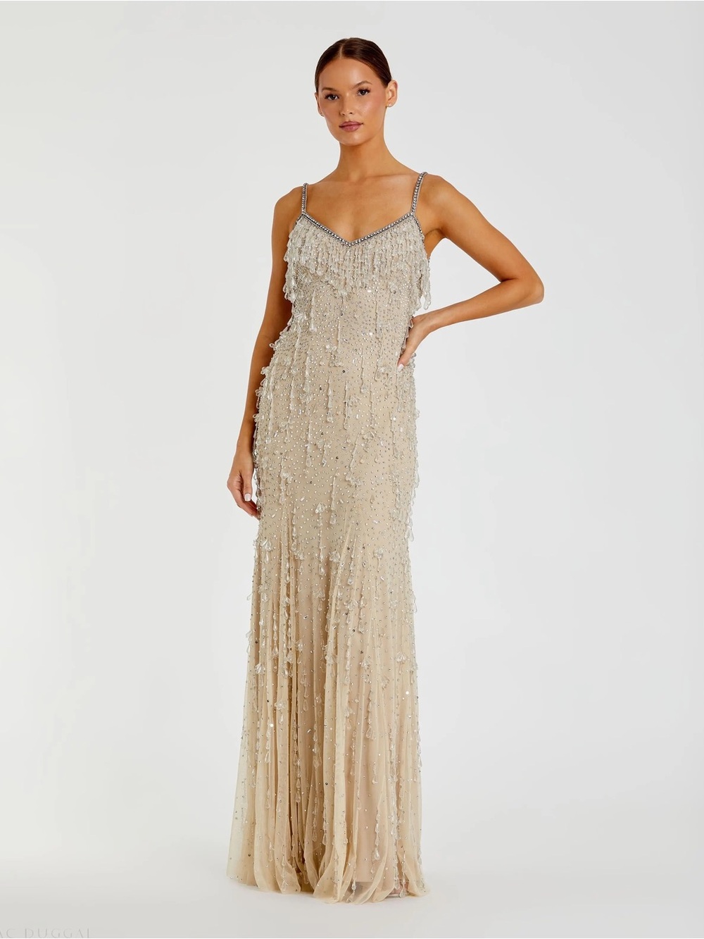Mac Duggal 10101 Beige V-Neck Column Gown with Fringe Embellishments sz 4